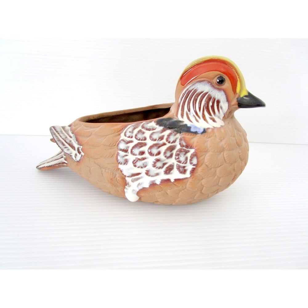 Neiman Marcus Hand Painted Glazed Clay Mandarin Duck Planter Japan Vintage